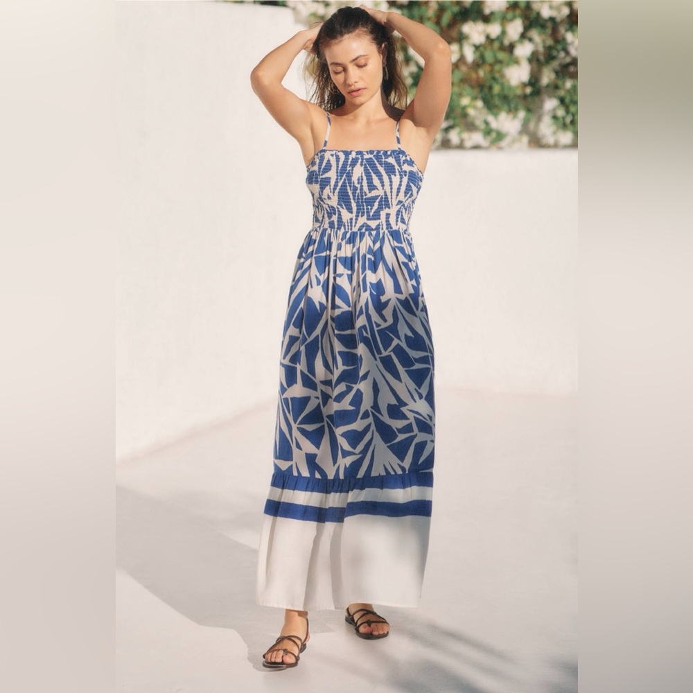 Anthropologie Blue and White Smocked Maxi Dress